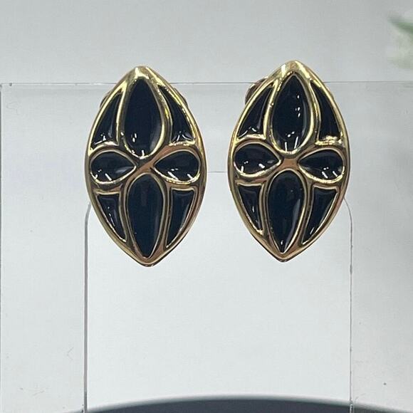 Authenticated Givenchy NY Vintage Black Enamel signed Gold Tone Clip Earrings - Picture 1 of 16